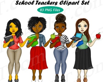 May include: Four cartoon illustrations of teachers, each with different skin tones and hairstyles. They are holding books, a laptop, and apples. The text "School Teachers Clipart Set" and "83 PNG Files" is at the top of the image.