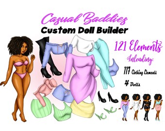 Clipart di bambola alla moda "Baddie", donna nera con capelli afro, creatore di bambole personalizzate (PNG)