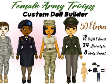 Female Army Clipart, Military Clipart, Army Blues Green Uniform, Military, African American, Best friends, Customizable, Custom Doll Builder