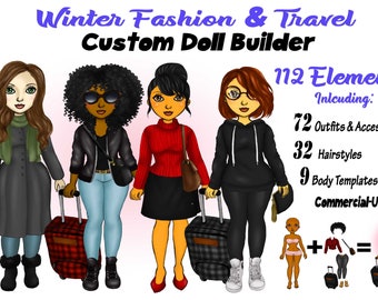 Winter Travel Girl Clipart, Best Friends Clipart, Traveling PNG, Paper Doll, Girl Boss, Business Woman, African American,  Dress Up Doll