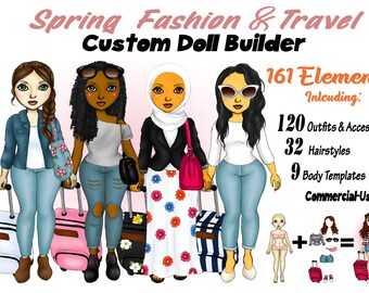 Clipart de moda de primavera, imágenes prediseñadas de la chica personalizada, personalizable, clipart de viaje de primavera, mejores amigos Clipart, vacaciones de primavera, vestirse, muñeca personalizada