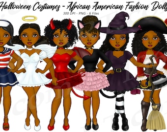 May include: Six digital illustrations of African American fashion dolls dressed in various Halloween costumes. The dolls are wearing costumes such as a sailor, angel, devil, cat, witch, and pirate.