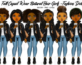 Fall Girl Clipart, Casual Wear Clipart, Natural Hair, Black Girl, Black Woman, African American, Curvy Girl, Fashion Girl, Coffee latte girl