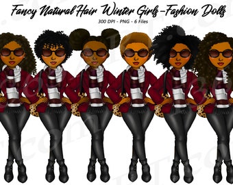 Clipart di ragazze nere alla moda invernale, adesivi per agenda (PNG)