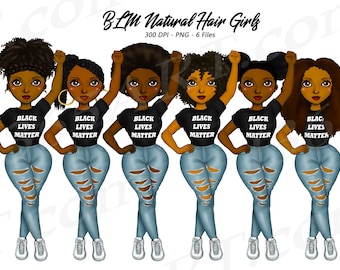 Black Lives Matter Clipart, Natural Hair, Black Girl Clipart, Black Woman, Raised Fist, Denim, BLM, African American clipart, Activism Curvy
