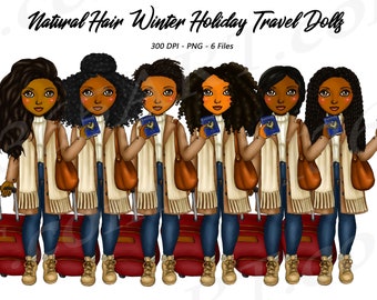 Winter Travel Girl Clipart, Natural Hair, Winter, Holiday, Black Girl, Black Women, African American Clipart, Wanderlust, Fashion Girl