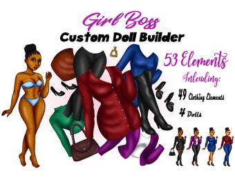 Clipart di bambola alla moda per affari, donna di colore, creatore di outfit (PNG)
