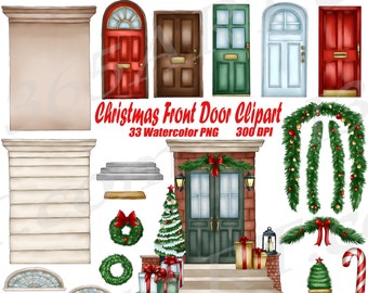 Christmas Front Door Clipart, Watercolor Front Door Scene, New Home Clipart, House Illustration, Home Decor, Front Porch Clipart, Cozy, PNG