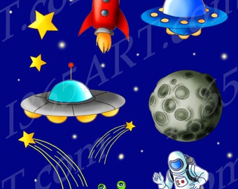 Space Clipart, Space clip art, Science, Scrapbooking,  Astronaut, Rocket, Flying Saucer, Alien, Stars, Planets, Meteor, graphics