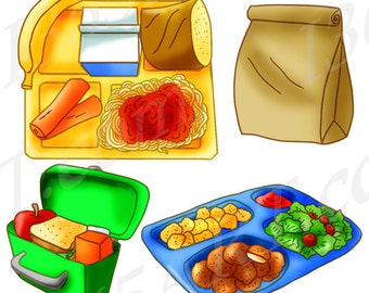 School Lunch Clipart Set, Food, Tray, Brown Paper Bag, Sandwich, Apple, Orange, Scrapbooking, Milk, Hand Drawn, Illustrations Vector