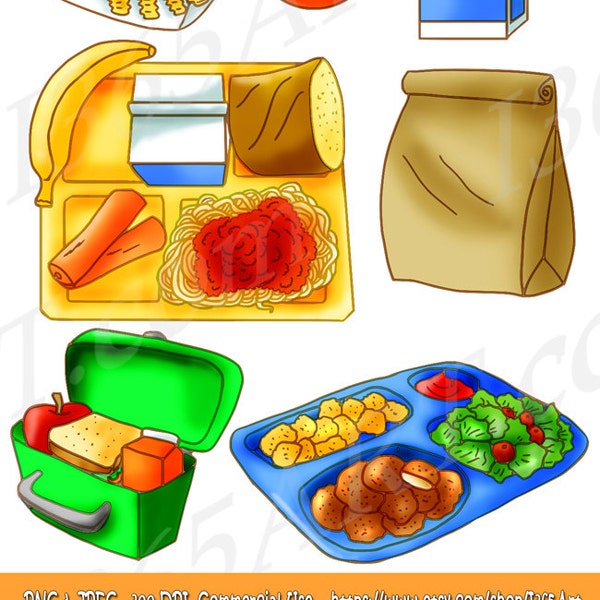 School Lunch Clipart Set, Food, Tray, Brown Paper Bag, Sandwich, Apple, Orange, Scrapbooking, Milk, Hand Drawn, Illustrations Vector