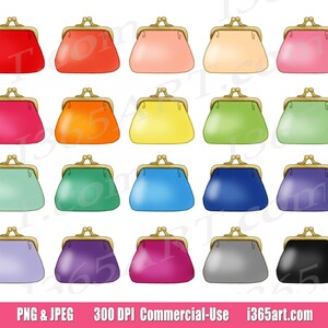 Könnte beinhalten: Vierundzwanzig bunte Geldbeutel mit goldenen Verschlüssen. Die Geldbeutel sind in vier Reihen zu sechs angeordnet. Die Farben umfassen Rot, Orange, Gelb, Grün, Blau, Lila, Rosa, Grau und Schwarz.