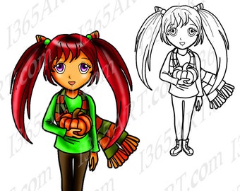 Girl Clipart, Digital Stamp, Coloring Page, illustration, Clipart, Fall, Autumn, October, Halloween Clipart, Pumpkin, Anime, Chibi