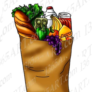 Grocery Bag Clipart, Grocery Bag Clip art, Digital Stamp, Scrapbooking, Illustration, Coloring Page, Hand Drawn, PNG JPEG Download