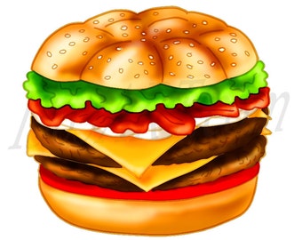 Handgetekende cheeseburger clipart, fastfood illustratie (digitale download)