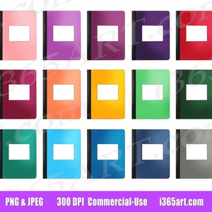 Könnte beinhalten: Zwölf digitale Papier-Notizbuchcover mit schwarzem Rücken und einem weißen Rechteck in der Mitte. Die Cover sind in verschiedenen Farben, darunter rosa, lila, rot, kastanienbraun, orange, gelb, grün, blau und grau.