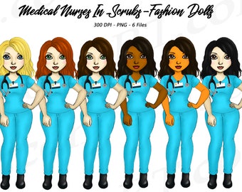 Chibi Nurse Clipart, Teal Scrubs, Fashion Illustration (PNG)