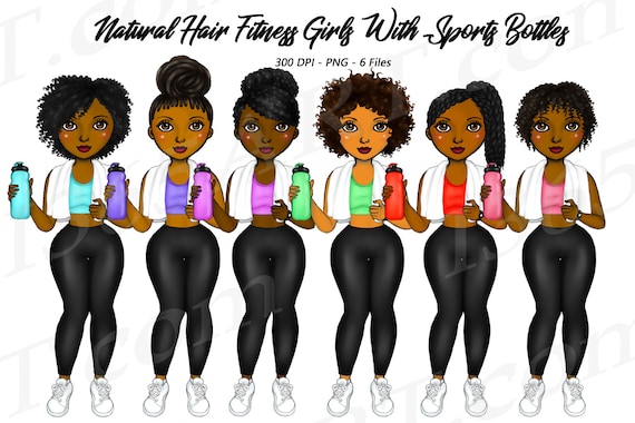 Black Woman Clipart, Hydrate Clipart, Workout Clipart, Fitness Girl, Black Girl Clipart, African American Clipart, Dark Skin Clipart, Curvy Il_570xn
