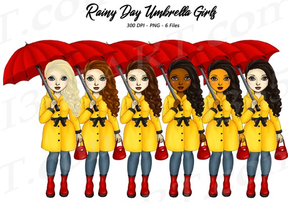 Rainy Day Girls Clipart, Raincoats and Umbrellas, Spring Rain, African American, Fashion Girl Clipart, Spring Showers, Umbrella, Curvy, PNG Il_570xn