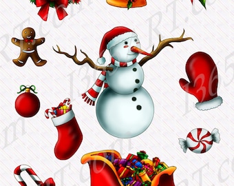 Buy 3 Get 1 Free Merry Christmas Clipart, Party Invitations, Embellishment, cute snowman, stuffed stocking, sleigh, gingerbread man PNG JPEG