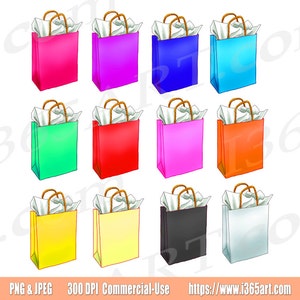 May include: Twelve gift bags in various colors, including pink, blue, green, red, yellow, black, and white. Each bag has a white tissue paper peeking out of the top.