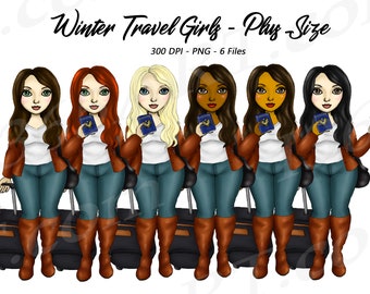 Plus Size Girls Clipart, Travel Girl Clipart, Winter Travel, African American, Suitcase, Wanderlust, Cute Curvy girls, Fashion Girl Clipart