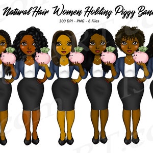 May include: Six women with natural hair are holding pink piggy banks. Each woman is wearing a white shirt, a blue blazer, and a black skirt. The women are standing in a row, and they are all looking at the camera.