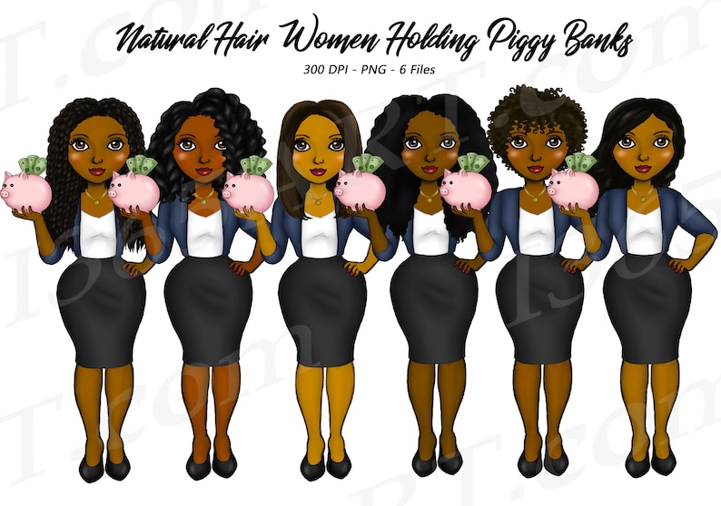 May include: Six women with natural hair are holding pink piggy banks. Each woman is wearing a white shirt, a blue blazer, and a black skirt. The women are standing in a row, and they are all looking at the camera.