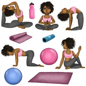 Yoga Girl Clipart, Natural Hair, Yoga Clipart, Fitness, Fashion Girl, Illustration, Planner Clipart, Cute Girls, African American clipart image 2