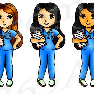 Puede incluir: Tres ilustraciones de dibujos animados de enfermeras con diferentes colores de cabello. Cada enfermera lleva un uniforme azul, un estetoscopio y sostiene un portapapeles.