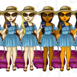 Travel Girl Clipart, Summer Travel clipart, Vacation, suitcase clipart, curvy girl clipart, Fashion Girls, African American PNG image 2