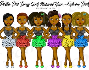 Polka Dot Dress Fashion Girl Clipart, Natural Hair, Black Girls Clipart, Black Woman, Spring Fashion, Curvy Cute, African American clipart