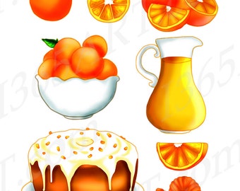 Oranges Delight 8 Piece, Scrapbooking, Embellishments, Clipart Set, Fruit, Juice, Sweets, Citrus Digital Illustrations 300 DPI PNG