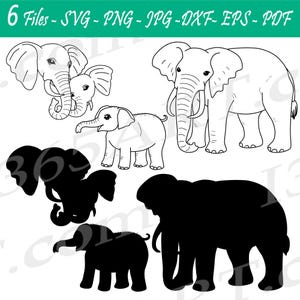 Puede incluir: Una descarga digital de seis archivos que contienen imágenes de elefantes en blanco y negro, tanto en línea como en silueta. Las imágenes incluyen un elefante grande, un elefante mediano y un elefante pequeño.