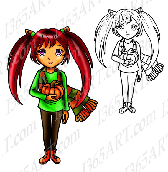Girl Clipart, Digital Stamp, Coloring Page, illustration, Clipart, Fall, Autumn, October, Halloween Clipart, Pumpkin, Anime, Chibi Il_570xn
