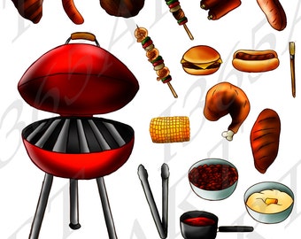 bbq Clipart, bbq Clip art, Party clipart, Invitations, 4th of July, Barbecue clipart, Hot Dog, Hamburger, Sis Kabob, Grill, Rib, PNG