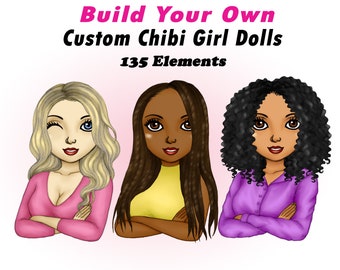 Custom Chibi Best Friends Clipart, Black Girl Planner (PNG Files)