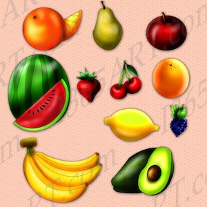 Fruit Clipart, Fruit Clip art, Food clipart, Fruit Illustrations, Apple, Banana, Cherry, Strawberry, Orange, PNG JPEG, Graphics, Commercial