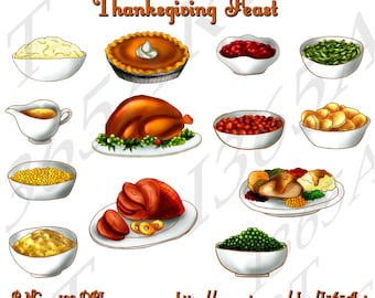 Thanksgiving Feast Clipart, Thanksgiving clip art, Party Invitation, Scrapbooking, pumpkin pie, turkey cranberry Commercial