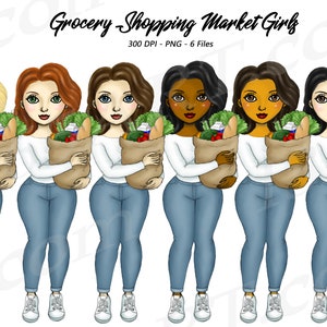 Imágenes prediseñadas de chicas haciendo compras en el supermercado, compras, recados, afroamericanas, morenas, bronceadas, mujeres negras, pelirrojas, con curvas, imágenes prediseñadas de chicas de moda