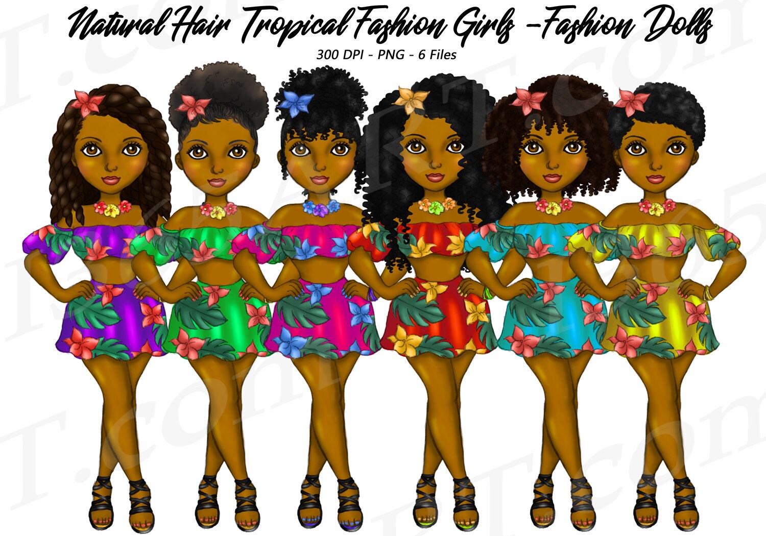 Tropical Fashion Clipart, Tropical Girls, Natural Hair, Black Girls Clipart, African American Clipart, Summer Girl, Fashion Girl, Curvy Cute