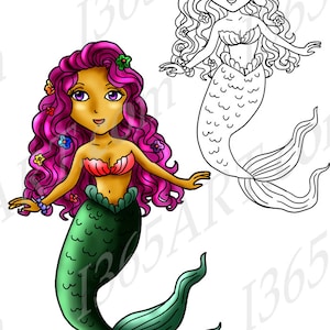 Beautiful Mermaid Clipart, mermaid girl, girl clipart, Digital Stamp, Scrapbook, Coloring Page, Illustration, Anime, Chibi, Download