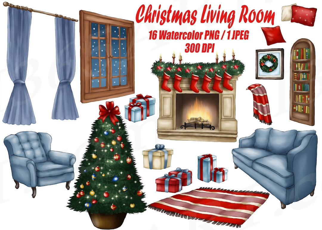 Christmas Living Room Clipart, Watercolor Christmas Scene, Fireplace ...