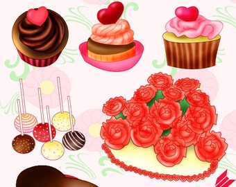 Heart Bakery Valentine's Day Clipart Set, Party, Invitations, Scrapbooking, Pink, Cupcakes, Chocolate, Cake Pops, Hearts, PNG & JPEG