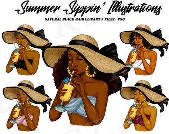 Black Woman Clipart, Summer Girls Clipart, Afro Girls, African American, Tea Sipping Clipart, Beach Babes Clipart, Natural Hair Clipart