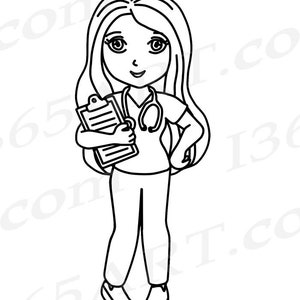 Puede incluir: Dibujo en blanco y negro de una doctora con el pelo largo, que lleva un estetoscopio y sostiene un portapapeles.