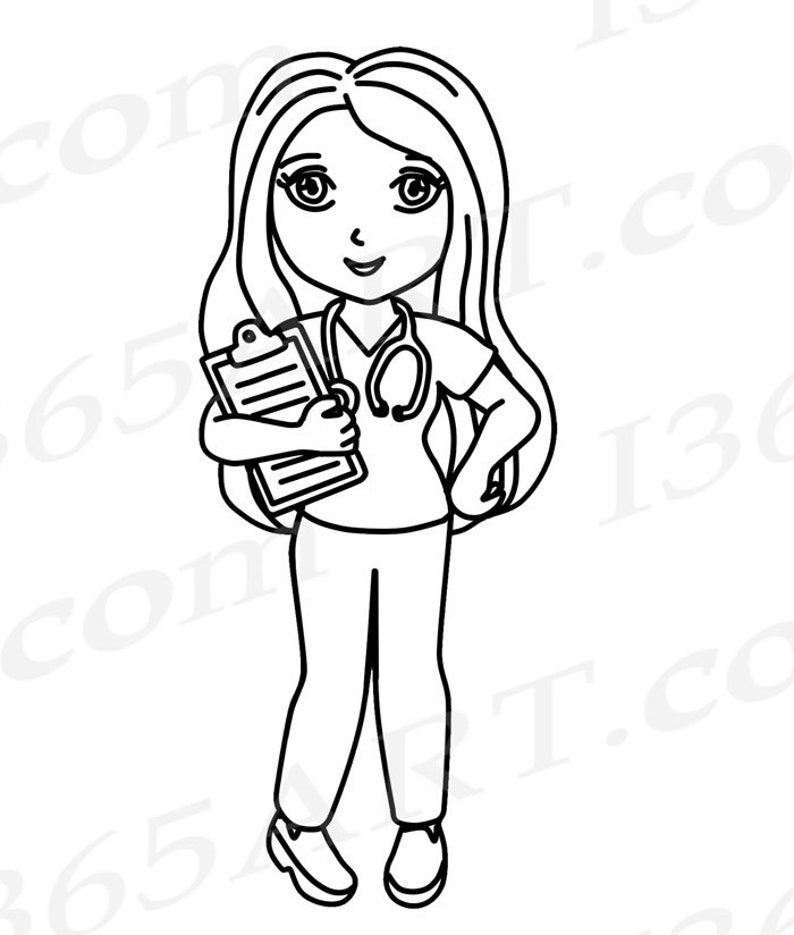 Puede incluir: Dibujo en blanco y negro de una doctora con el pelo largo, que lleva un estetoscopio y sostiene un portapapeles.