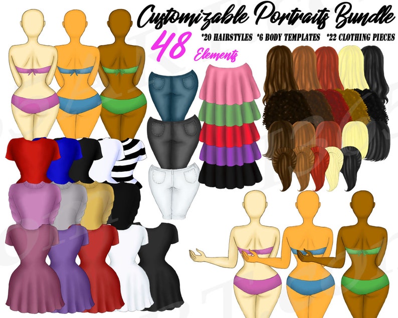 Custom Girls clipart, Customizable, Portraits, Hairstyles, Best Friends, DIY, Dress Up, Planner Dashboard, Illustrations, Character Builder image 1