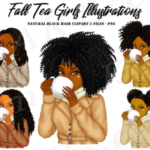 Fall Tea Sipping Girls Clipart, Fall Girl Clipart, Black Girl Clipart, Black Woman Clipart, African American Clipart, Autumn Girl, Hairstyle