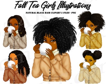 Fall Tea Sipping Girls Clipart, Fall Girl Clipart, Black Girl Clipart, Black Woman Clipart, African American Clipart, Autumn Girl, Hairstyle